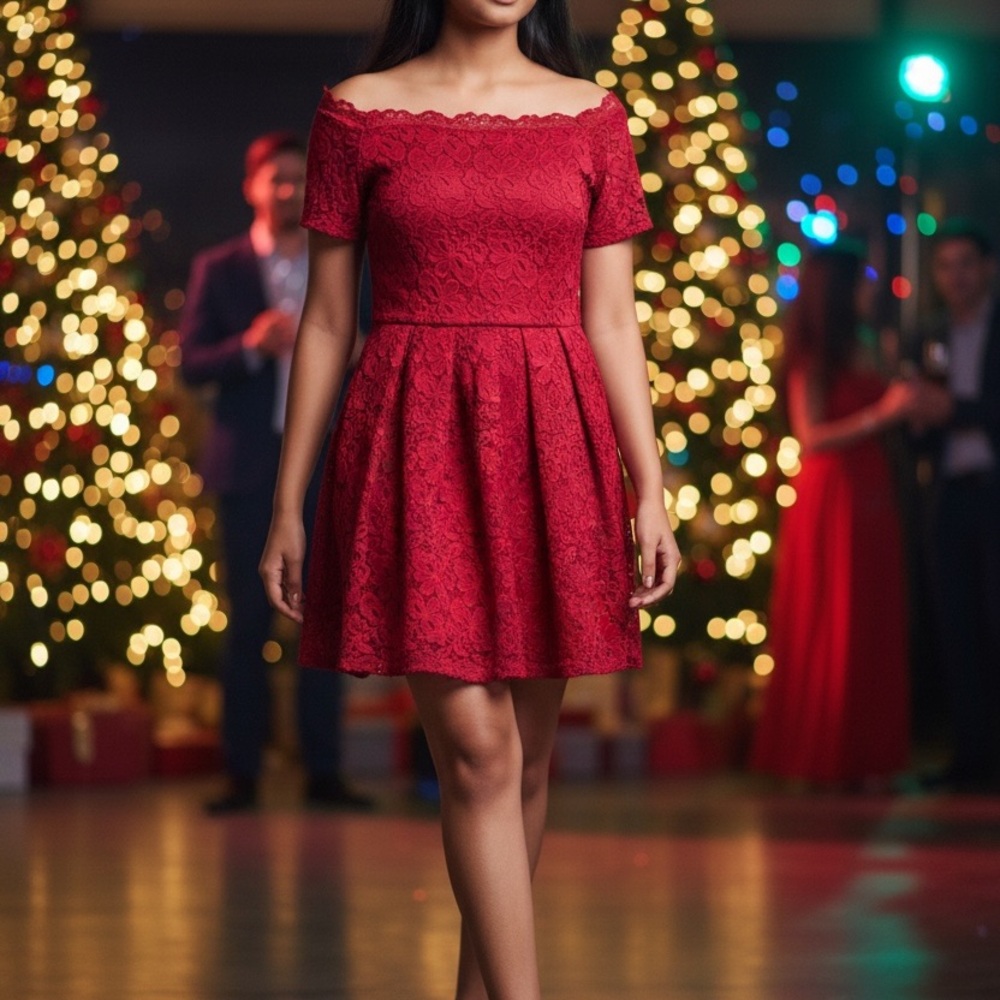 Chic Off-Shoulder Red Lace Mini Dress -Too Hot to Trot!